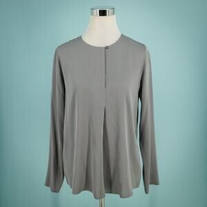 Theory Size Large L Calveer Sheen Gray Pleated Crew Long Sleeve Silk Stretch Top